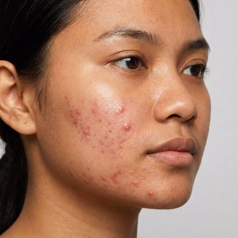 Kulit pipi dengan jerawat aktif dan kemerahan sebelum pemakaian